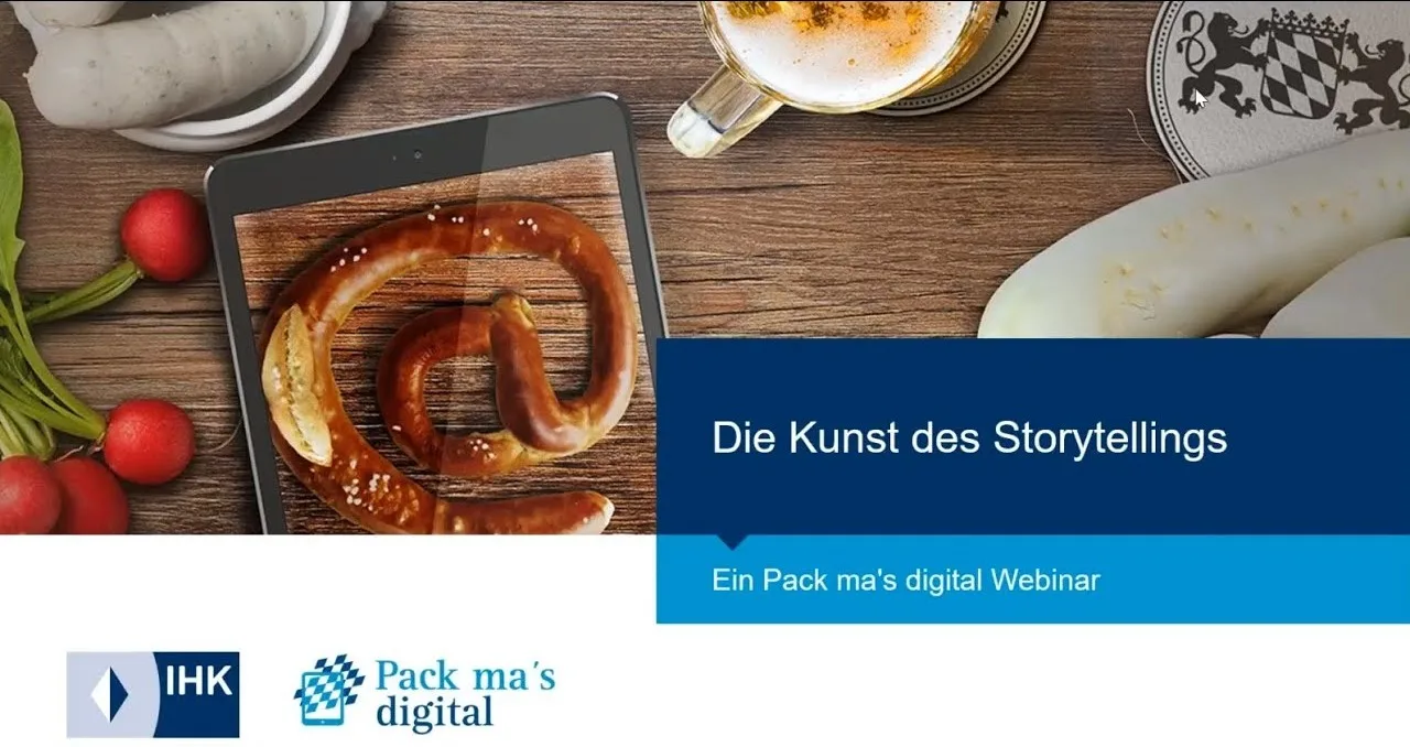 Capa do evento: Die Kunst des Storytellings, um webinar Pack ma's digital da Câmara de Comércio e Indústria de Munique